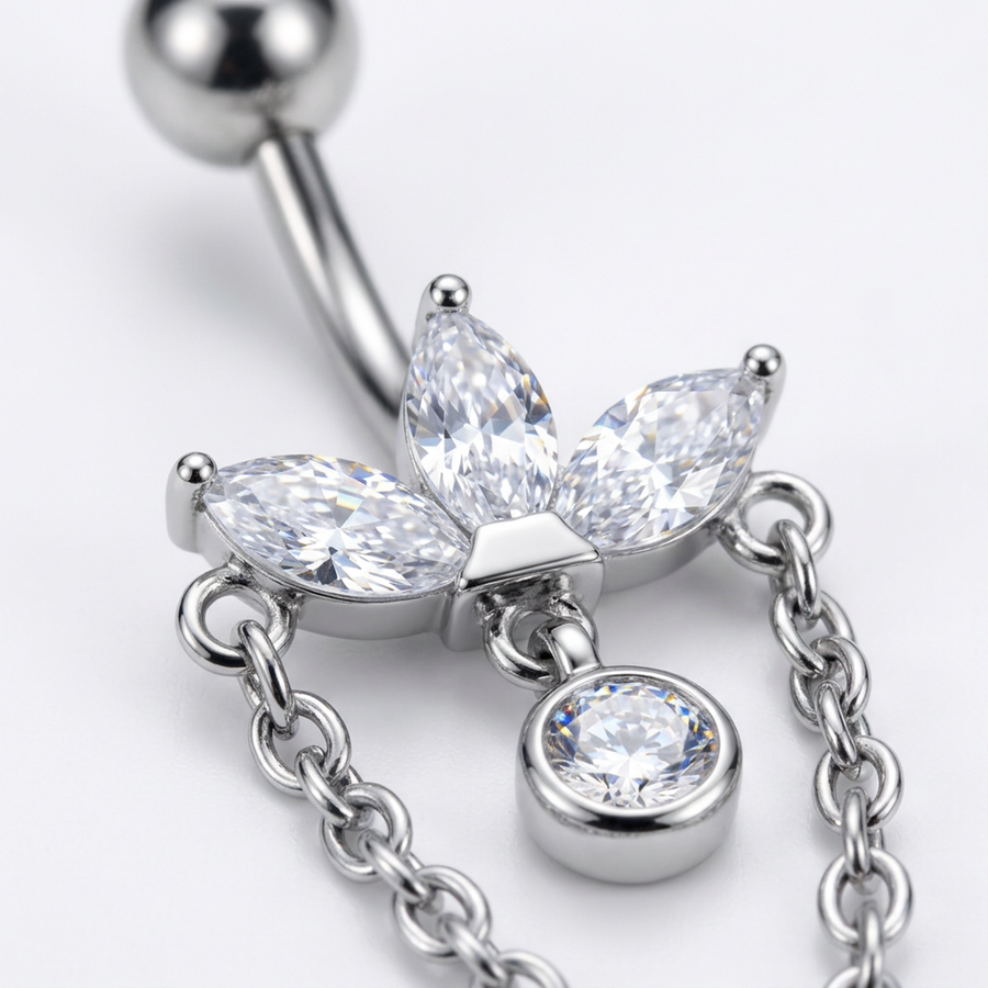 Piercing con zirconi e catenina in Titanio F136- Piercing per obelico