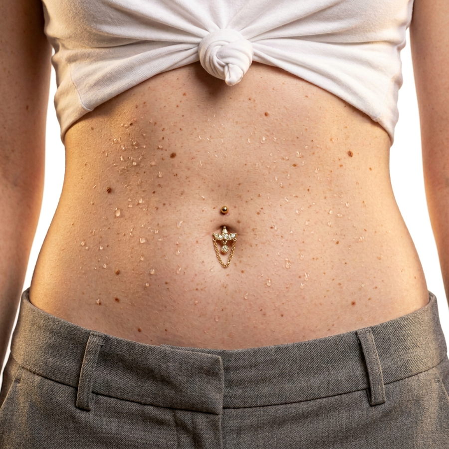 Piercing con zirconi e catenina in Titanio F136- Piercing per obelico