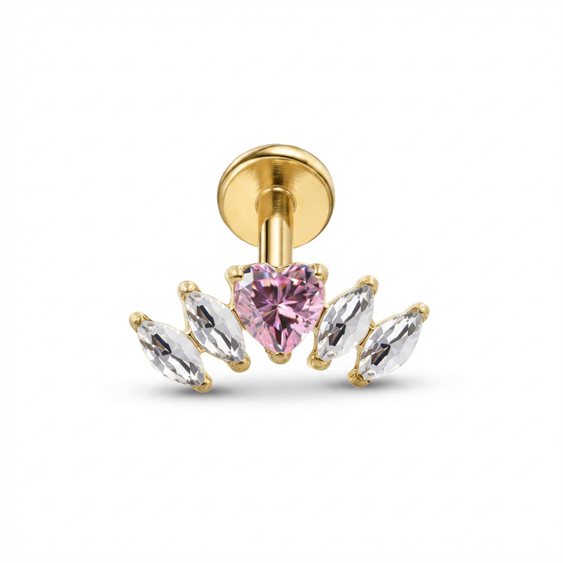 Piercing con zirconi e cuore rosa in Titanio G23- Piercing per Lobo, helix, forward helix, conch, flat, tragus