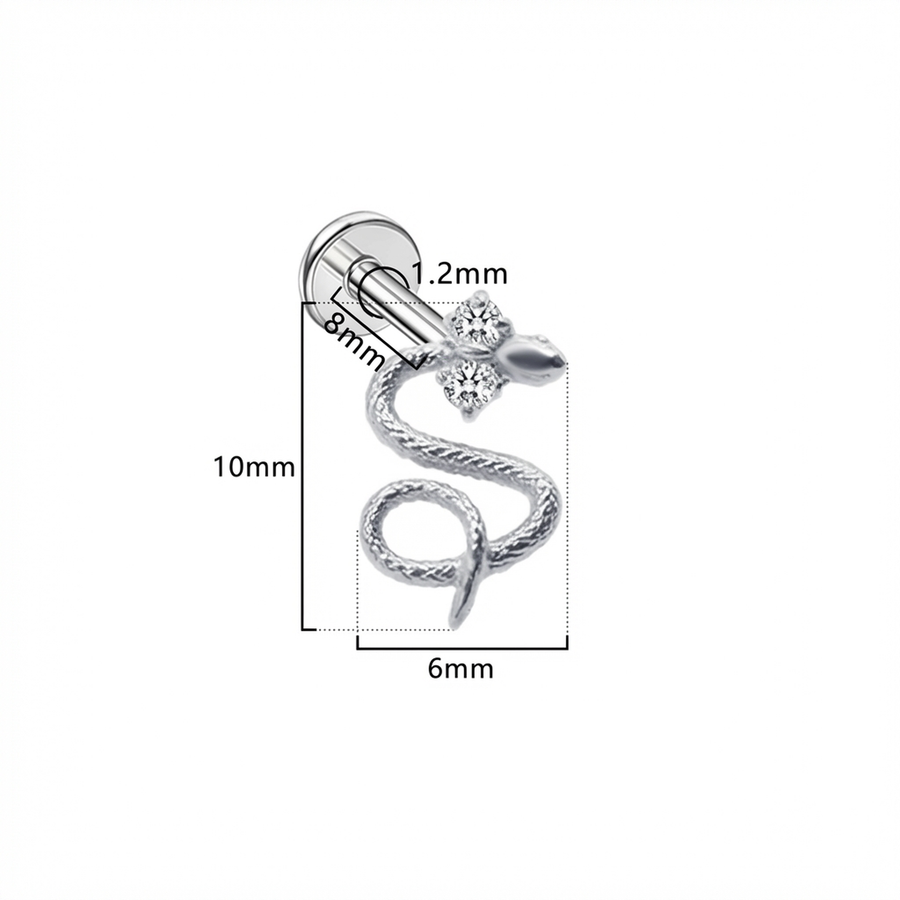 Piercing con serpente e due zirconi in Titanio G23- Piercing per Lobo, helix, forward helix, conch, flat, tragus