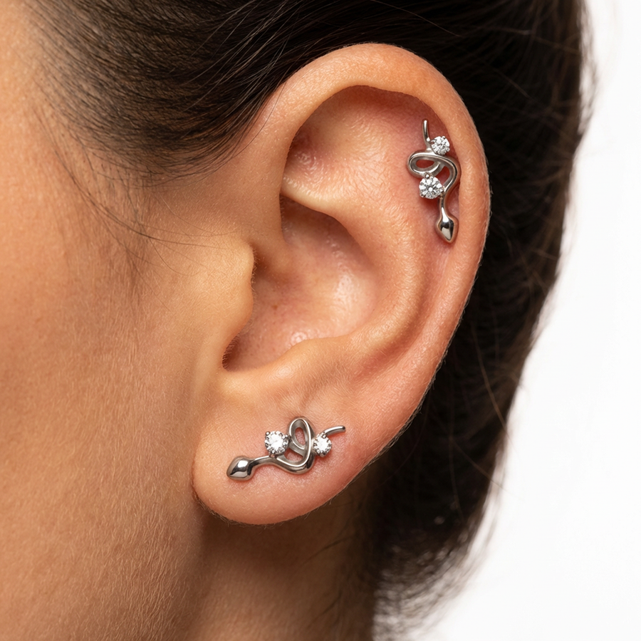 Piercing con serpente e zirconi in Titanio G23- Piercing per Lobo, helix, forward helix, conch, flat, tragus