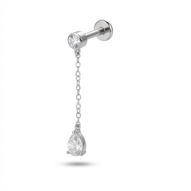 Piercing con zirconi e catenina pendente in Titanio G23- Piercing per Lobo, helix, flat