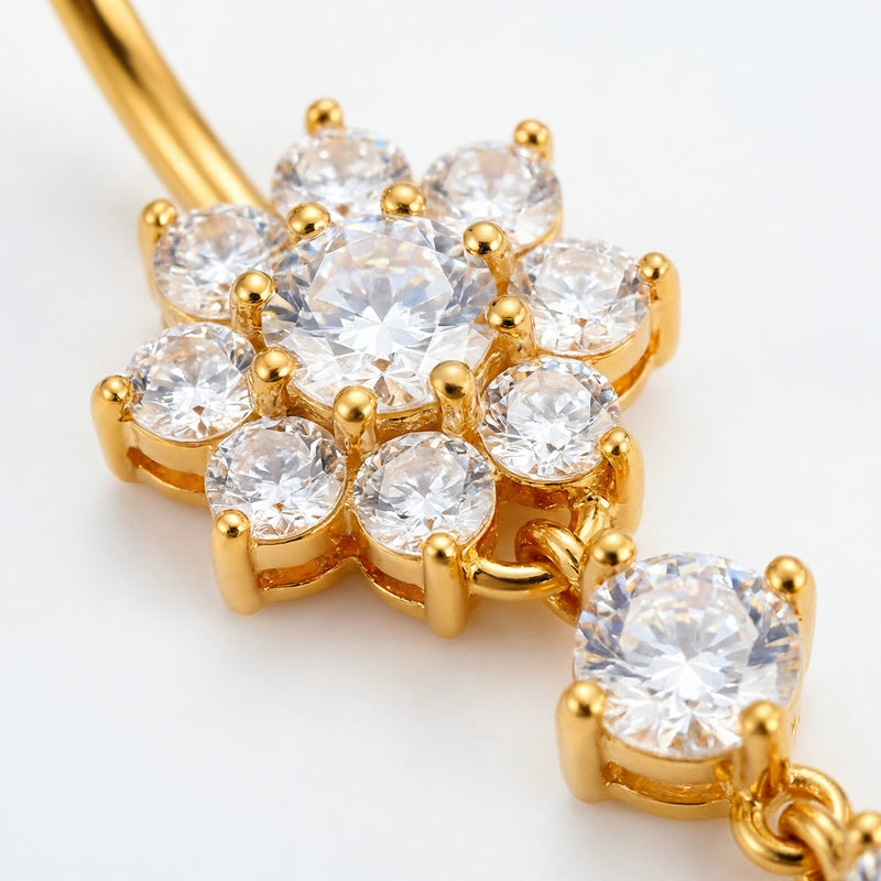 Piercing con fiore e due zirconi pendenti in Acciaio Chirurgico 316L - Piercing per ombelico
