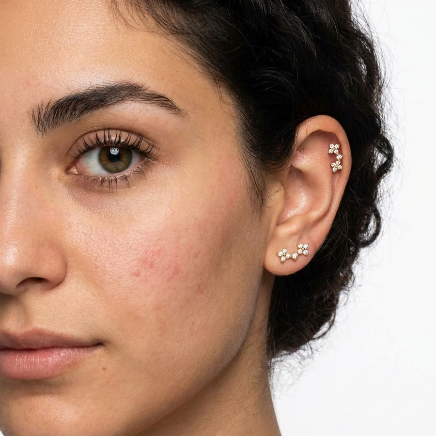 Barretta con due fiorellini e zirconi in Acciaio Chirurgico 316L  - Piercing per orecchio