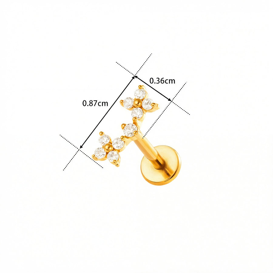 Barretta con due fiorellini e zirconi in Acciaio Chirurgico 316L  - Piercing per orecchio