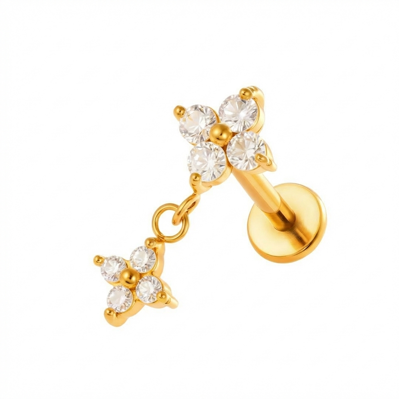 Barretta con fiore zirconato pendente in Acciaio Chirurgico 316L - Piercing per orecchio