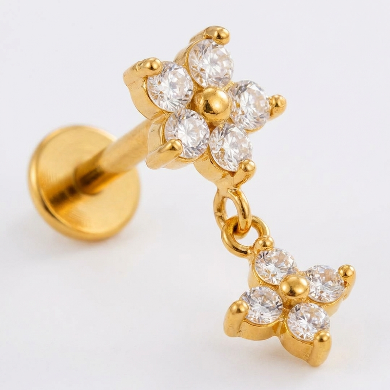 Barretta con fiore zirconato pendente in Acciaio Chirurgico 316L - Piercing per orecchio