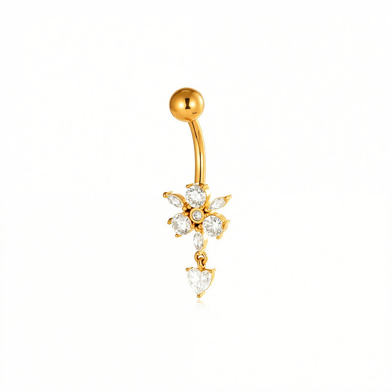 Piercing con fiore di zirconi e cuore pendente in Acciaio Chirurgico 316L - Piercing per ombelico