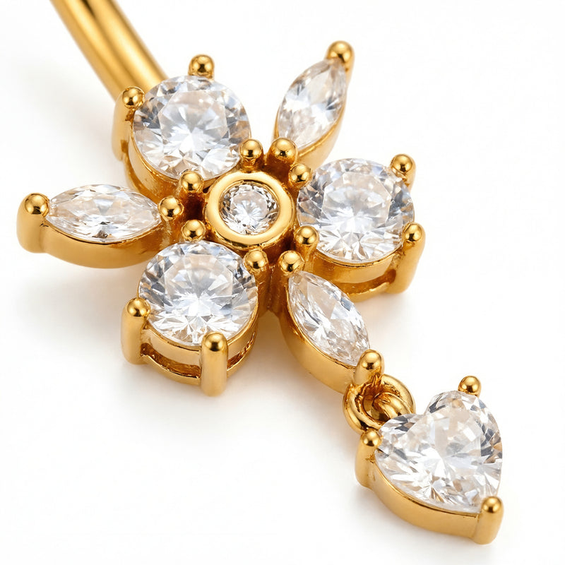 Piercing con fiore di zirconi e cuore pendente in Acciaio Chirurgico 316L - Piercing per ombelico