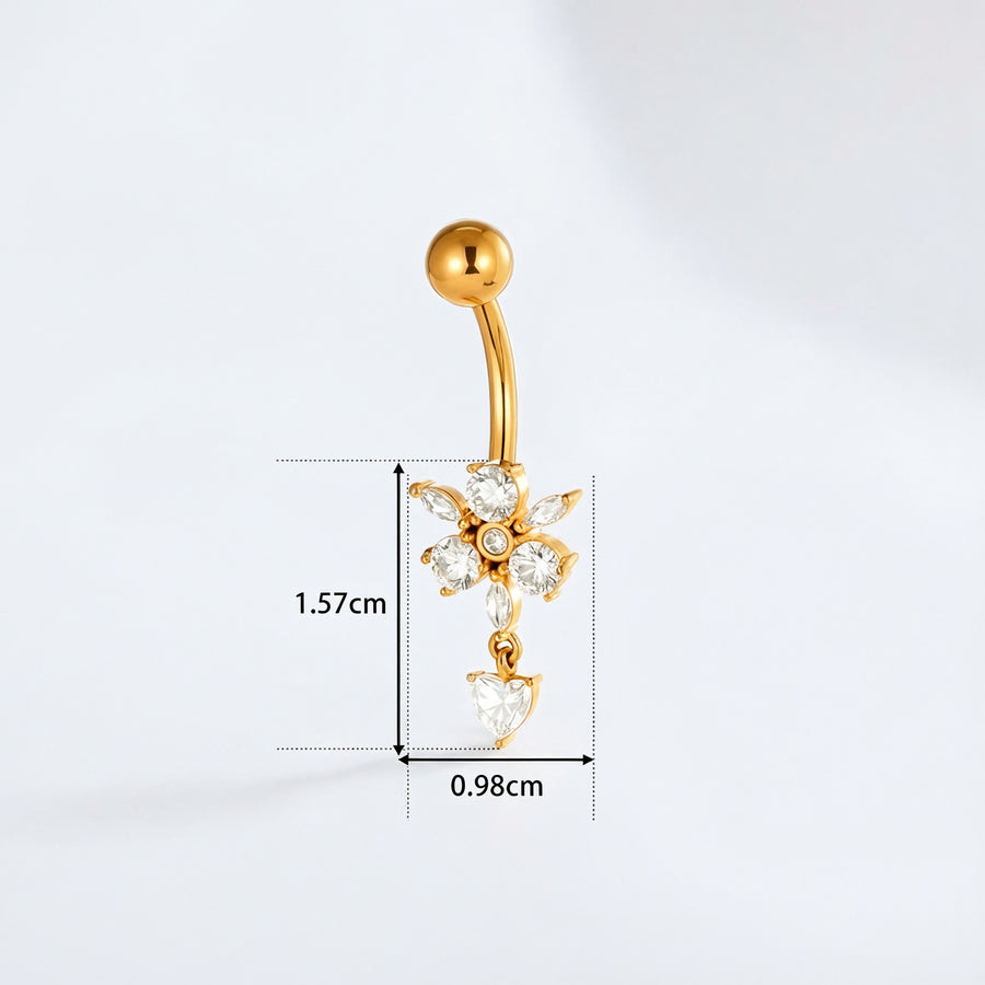 Piercing con fiore di zirconi e cuore pendente in Acciaio Chirurgico 316L - Piercing per ombelico