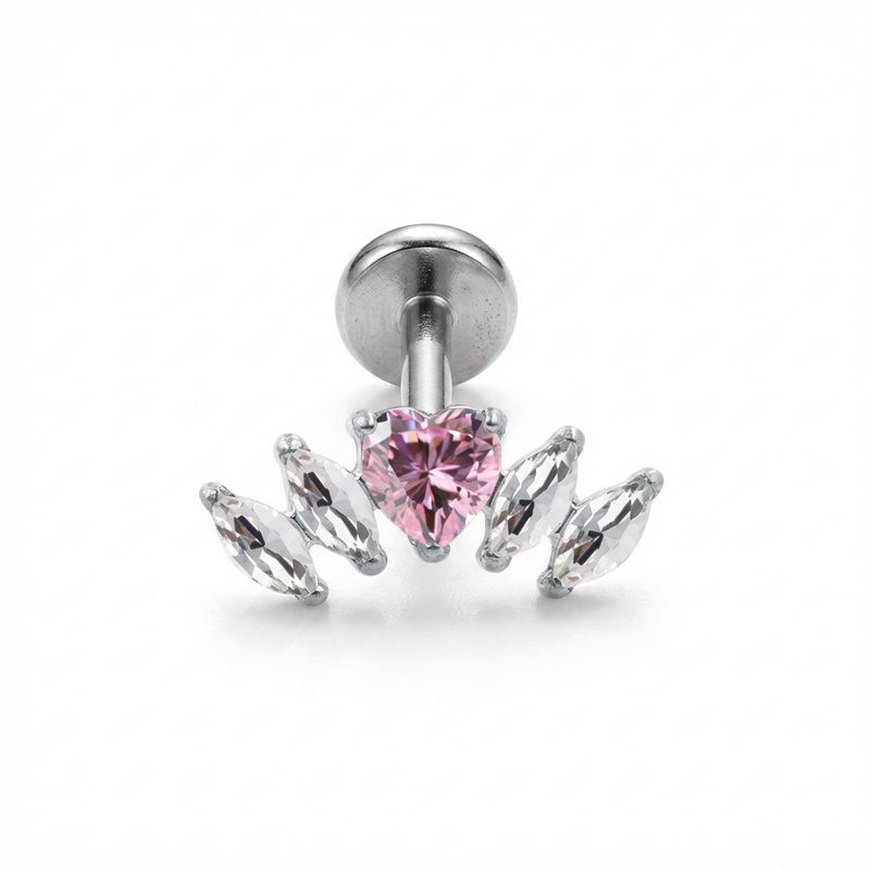 Piercing con zirconi e cuore rosa in Titanio G23- Piercing per Lobo, helix, forward helix, conch, flat, tragus