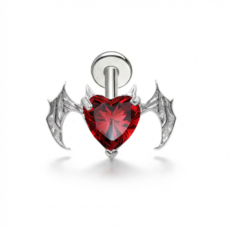Piercing cuore rosso con ali in Titanio G23- Piercing per Lobo, helix, forward helix, conch, flat, tragus