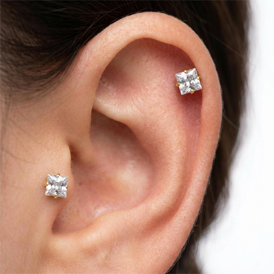 Barretta con zircone quadrato in Titanio - Piercing per orecchio / labbra