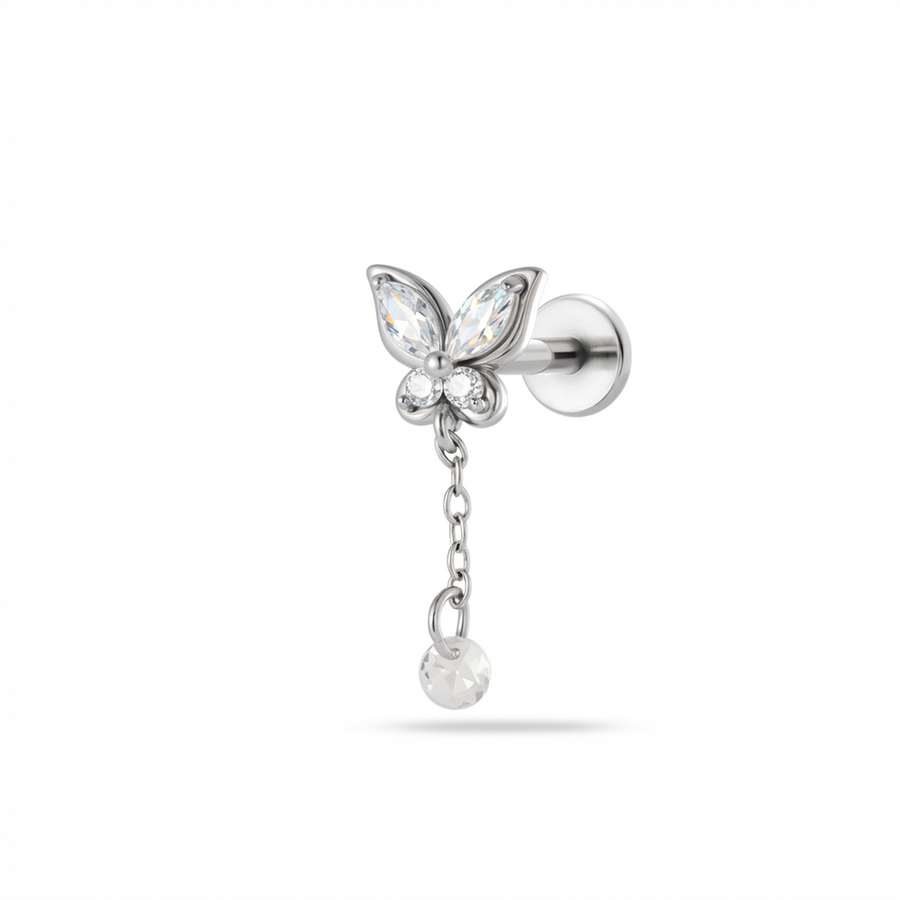 Barretta con farfalla e pendente con zircone in Acciaio Chirurgico 316L  - Piercing per lobo, helix, forward helix, conch, flat, tragus