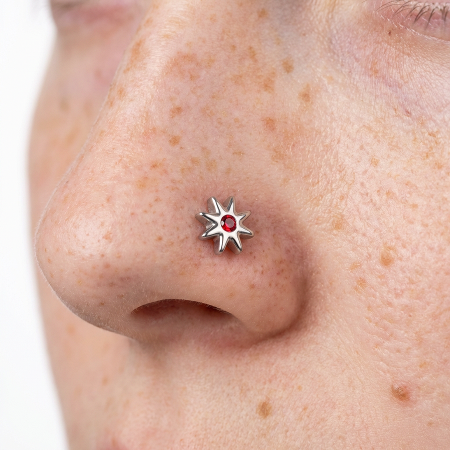 Piercing con fiore con zircone rosso in Titanio - Piercing per naso