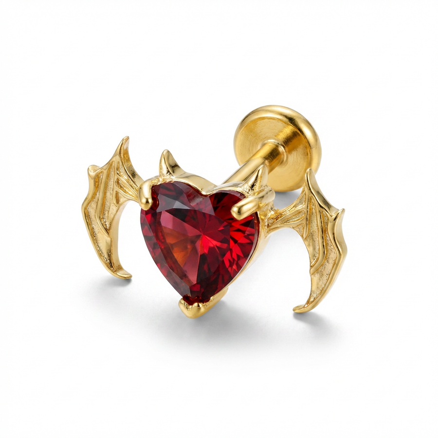 Piercing cuore rosso con ali in Titanio G23- Piercing per Lobo, helix, forward helix, conch, flat, tragus