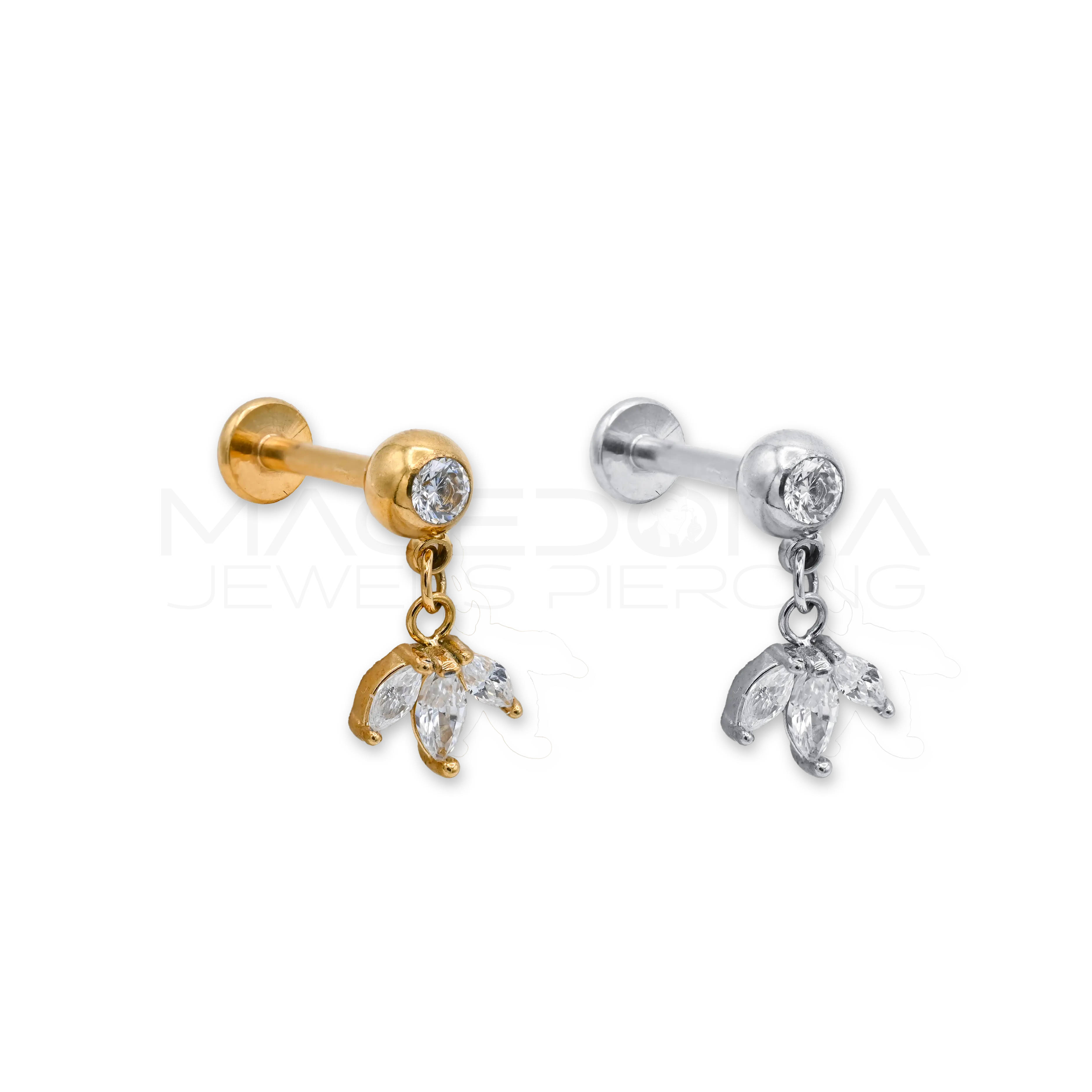 BARRETTA CON FOGLIE ZIRCONATE PENDENTI Macedonia Jewels Piercing