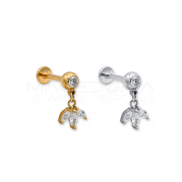 BARRETTA CON FOGLIE ZIRCONATE PENDENTI Macedonia Jewels Piercing