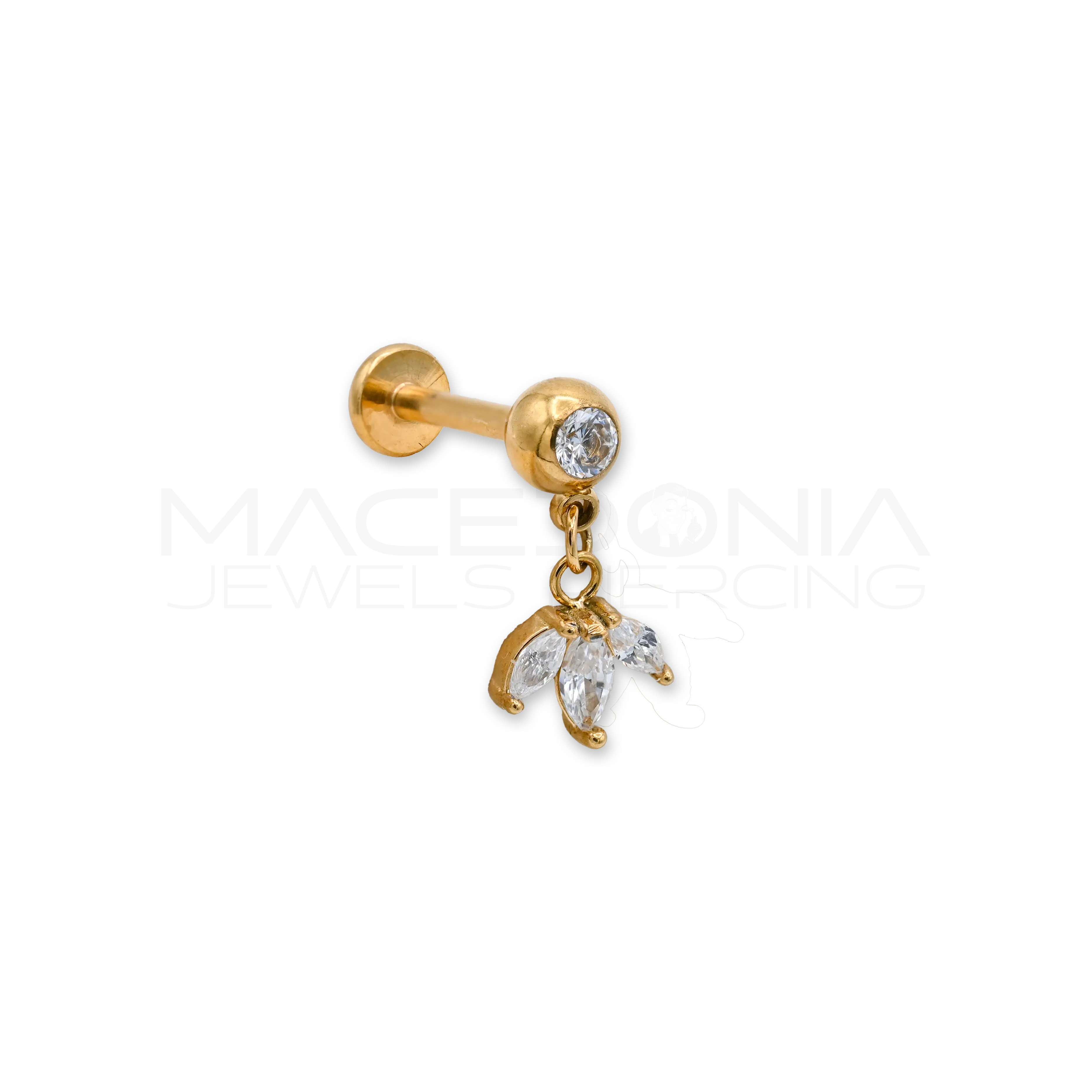 BARRETTA CON FOGLIE ZIRCONATE PENDENTI Macedonia Jewels Piercing