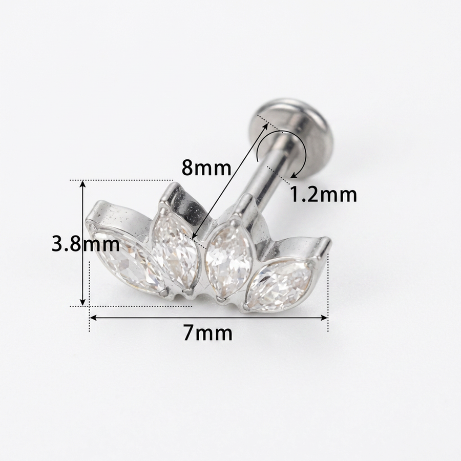 Piercing con quattro zirconi in Titanio G23- Piercing per Lobo, helix, forward helix, conch, flat, tragus