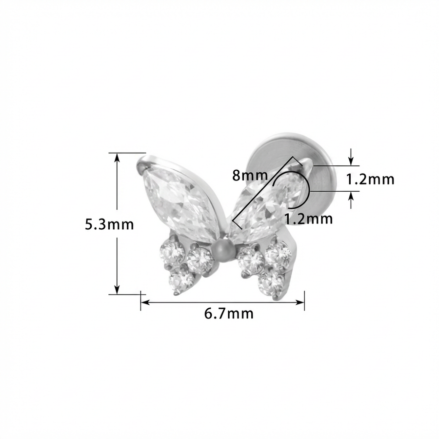 Piercing con farfalla di zirconi in Titanio G23- Piercing per Lobo, helix, forward helix, conch, flat, tragus
