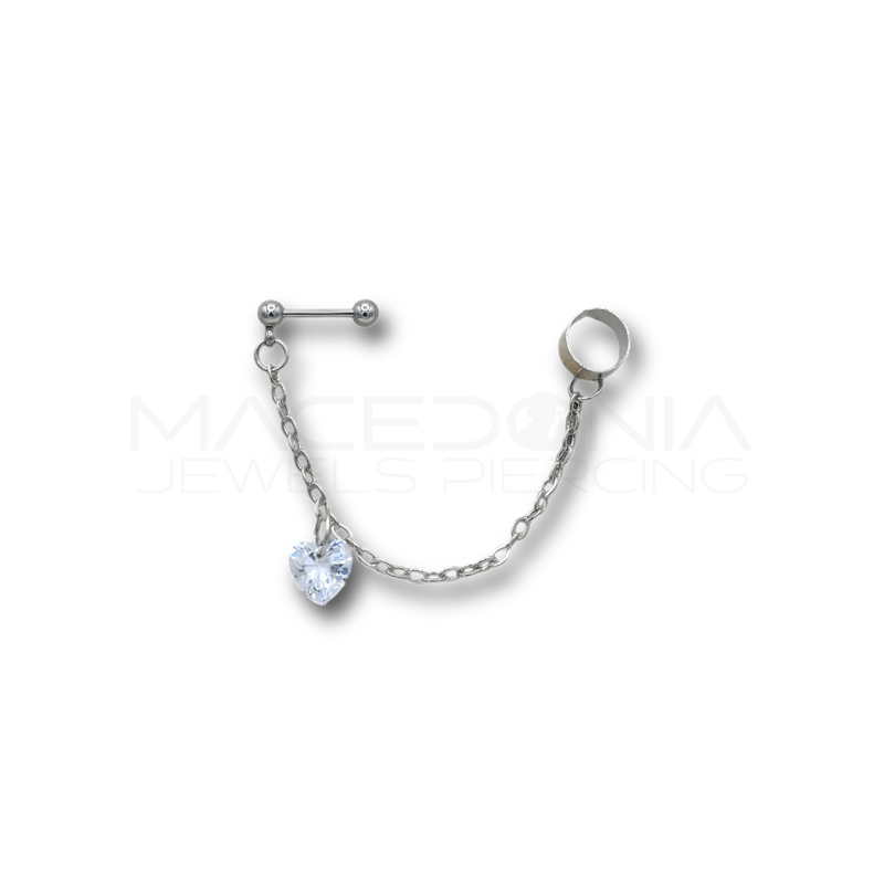 Barbell Fake con Catenina, Cuore di Zircone e Cerchio in Acciaio Chirurgico 316L
