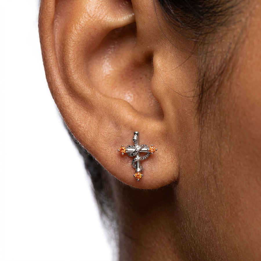 Piercing con croce e serpente con zirconi arancioni in Titanio G23- Piercing per Lobo, helix, forward helix, conch, flat, tragus