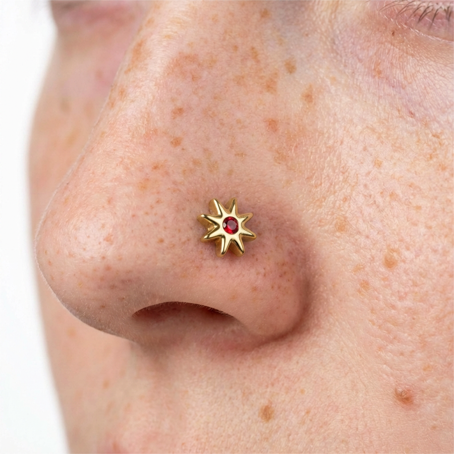 Piercing con fiore con zircone rosso in Titanio - Piercing per naso