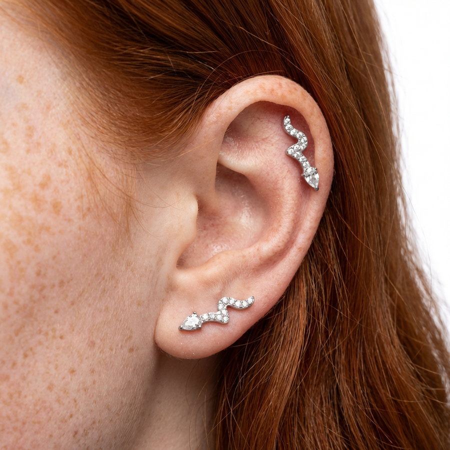 Piercing con serpente di zirconi in Titanio G23- Piercing per Lobo, helix, forward helix, conch, flat, tragus
