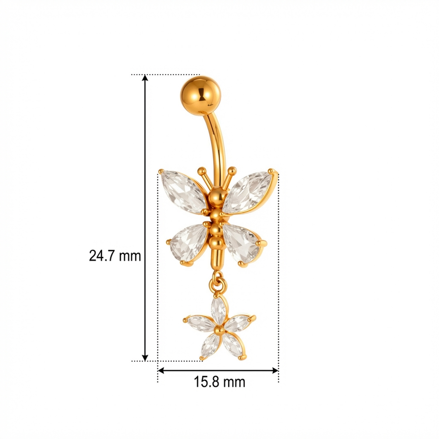 Piercing con farfalla di zirconi e fiore pendente in Acciaio Chirurgico 316L- Piercing per ombelico