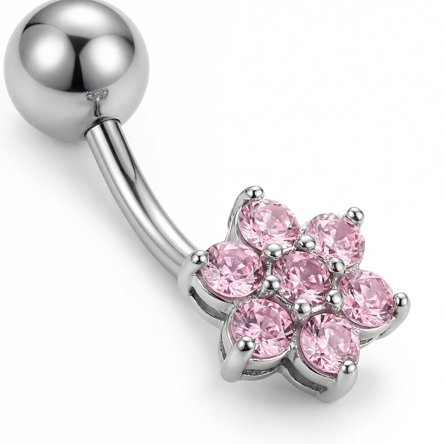 Navel con fiore di zirconi rosa in Titanio - Piercing per ombelico