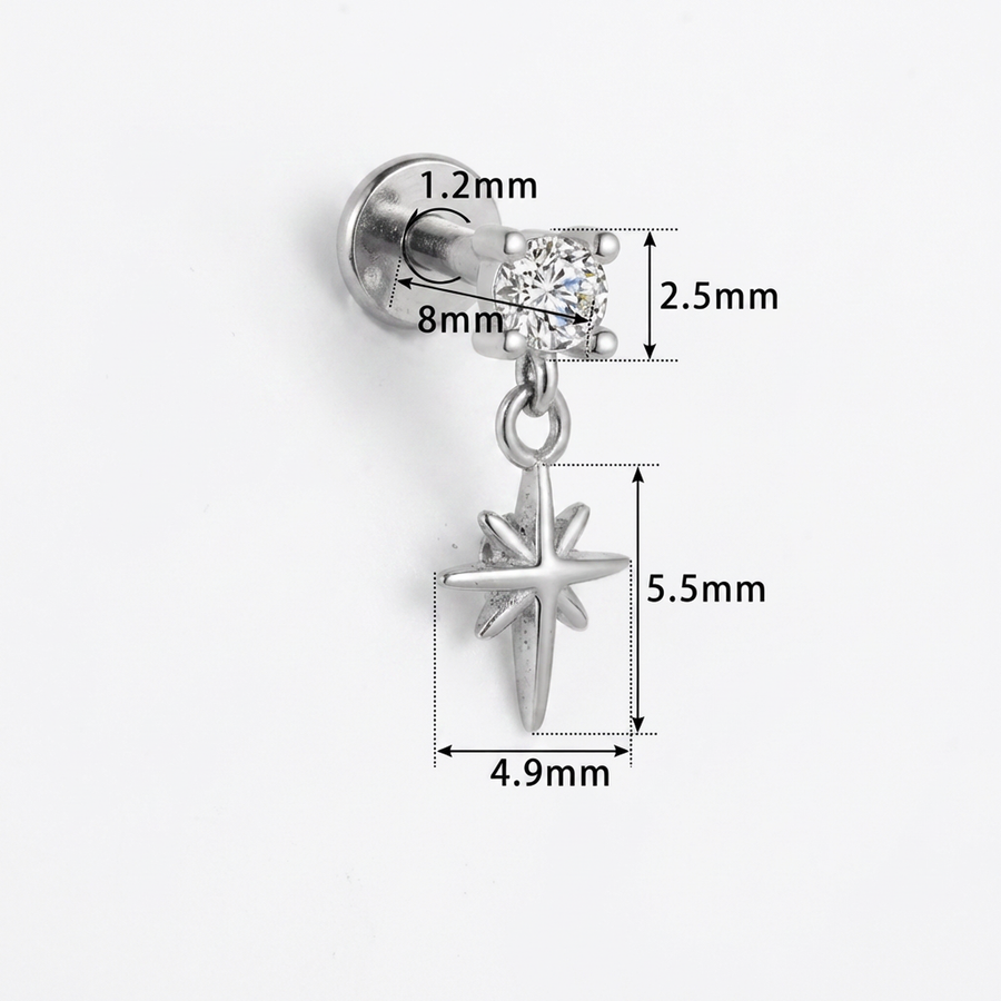 Piercing con zircone e rosa dei venti pendente in Titanio G23- Piercing per Lobo, helix, forward helix, flat, tragus