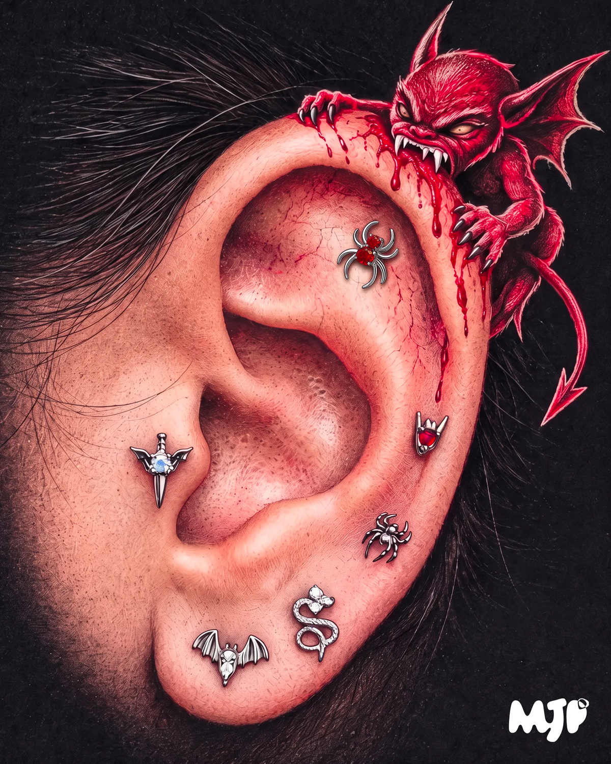 Progettino Orecchio Halloween in Titanio – Set 6 Piercing Gothic con Ragno Rosso, Pipistrello e Serpente