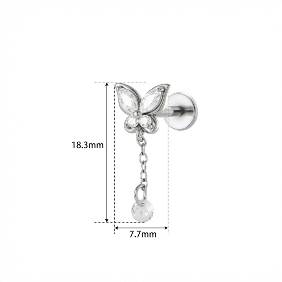 Barretta con farfalla e pendente con zircone in Acciaio Chirurgico 316L  - Piercing per lobo, helix, forward helix, conch, flat, tragus