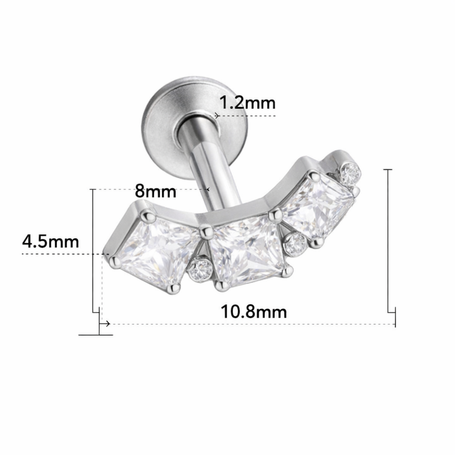 Piercing con tre zirconi in Titanio G23- Piercing per Lobo, helix, forward helix, conch, flat, tragus