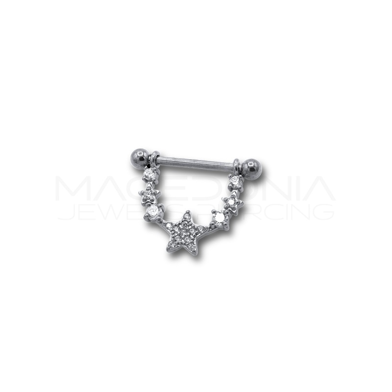Piercing da Capezzolo in Acciaio Chirurgico 316L con Pendente a Collana, Zirconi e Stelle