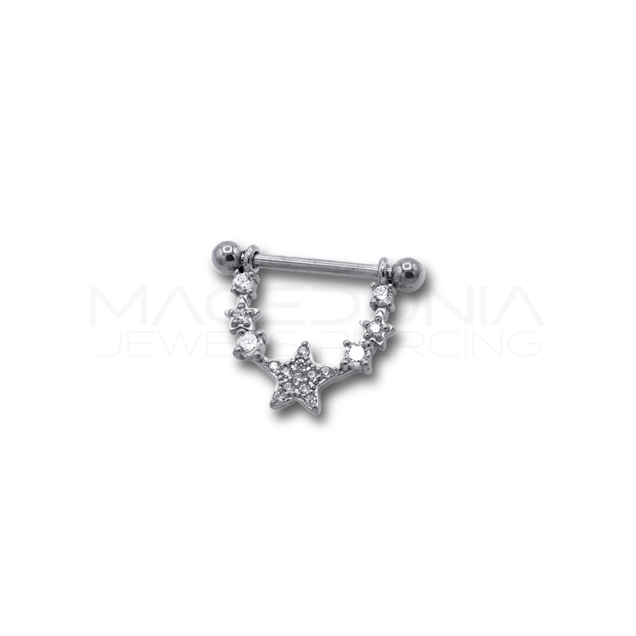 Piercing da Capezzolo in Acciaio Chirurgico 316L con Pendente a Collana, Zirconi e Stelle