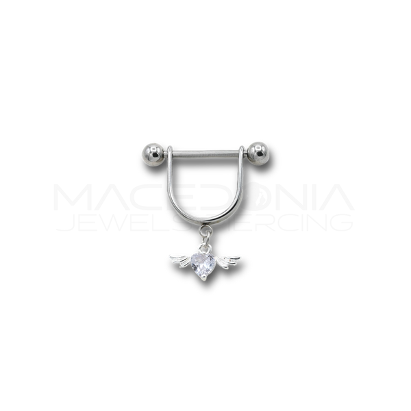 Piercing da Capezzolo in Acciaio Chirurgico 316L con Cuore Alato di Zirconi