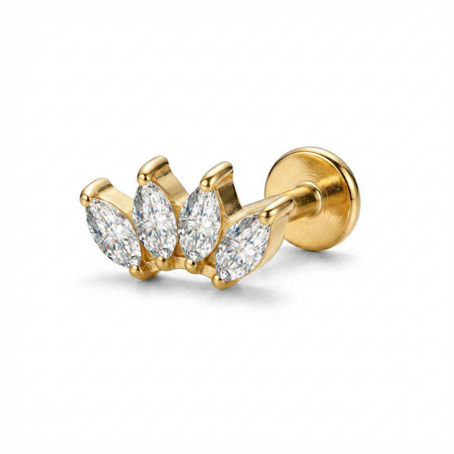 Piercing con quattro zirconi in Titanio G23- Piercing per Lobo, helix, forward helix, conch, flat, tragus