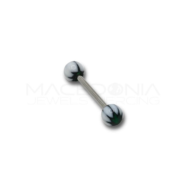 Barbell in Acciaio Chirurgico 316L con Pallina Bianca/Nera e Foglia Verde