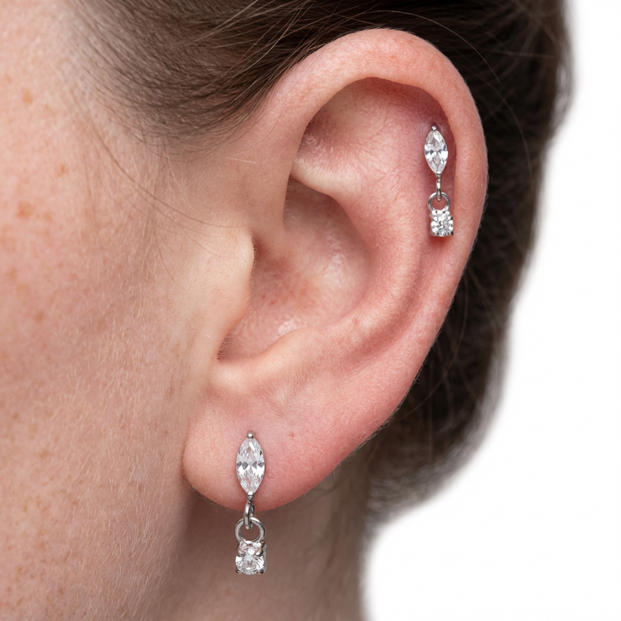 Piercing con goccia e zircone pendente in Titanio G23 - Piercing per lobo, helix, forward helix, flat