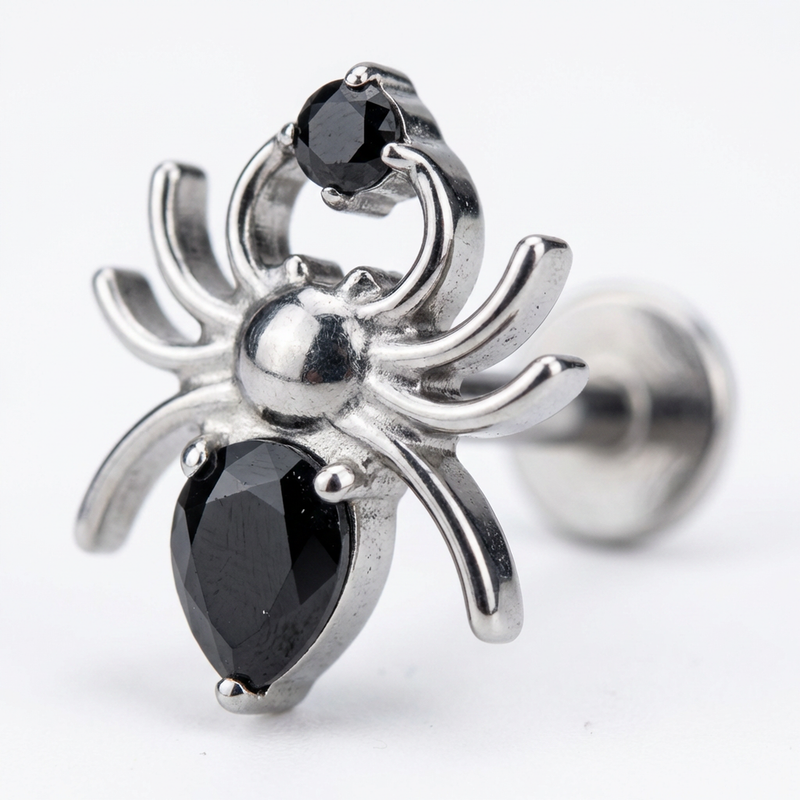 Piercing con ragno e zircone nero in Titanio G23- Piercing per Lobo, helix, forward helix, conch, flat, tragus