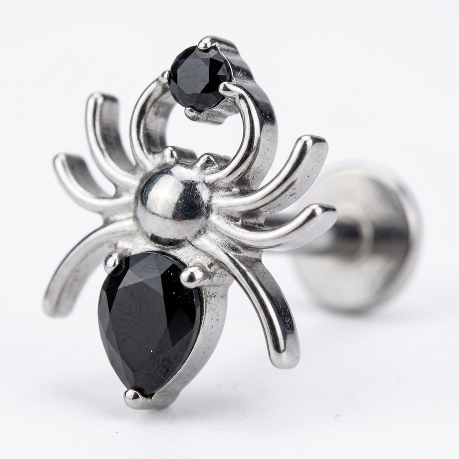 Piercing con ragno e zircone nero in Titanio G23- Piercing per Lobo, helix, forward helix, conch, flat, tragus