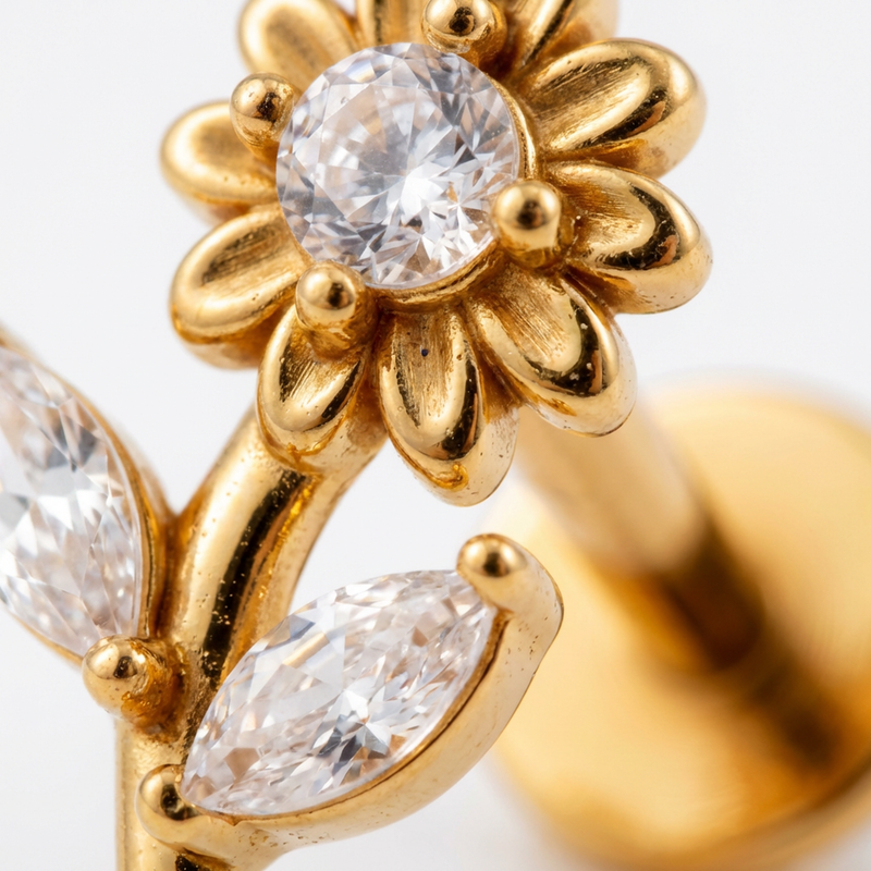 Barretta con girasole e zirconi  in Acciaio Chirurgico 316L - Piercing per orecchio