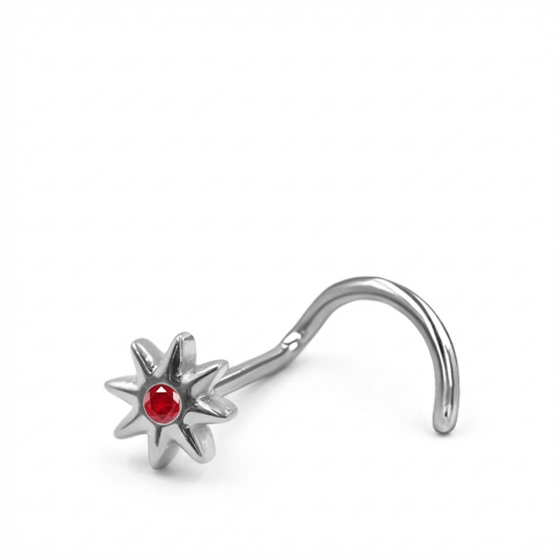 Piercing con fiore e zircone rosso in Titanio G23- Piercing per naso