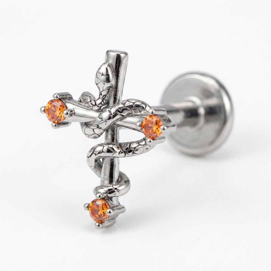 Piercing con croce e serpente con zirconi arancioni in Titanio G23- Piercing per Lobo, helix, forward helix, conch, flat, tragus