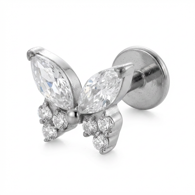 Piercing con farfalla di zirconi in Titanio G23- Piercing per Lobo, helix, forward helix, conch, flat, tragus
