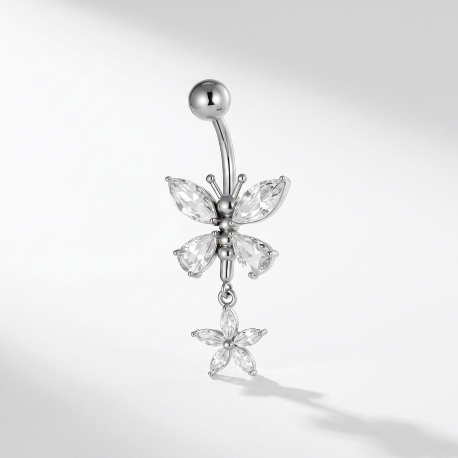 Piercing con farfalla di zirconi e fiore pendente in Acciaio Chirurgico 316L- Piercing per ombelico