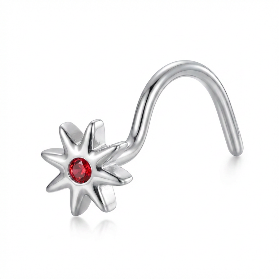 Piercing con fiore con zircone rosso in Titanio - Piercing per naso