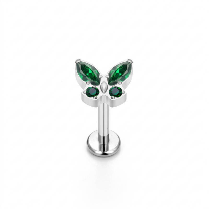 Piercing con farfalla e zirconi verdi in Titanio G23 - Piercing per lobo, helix, forward helix, conch, flat, tragus